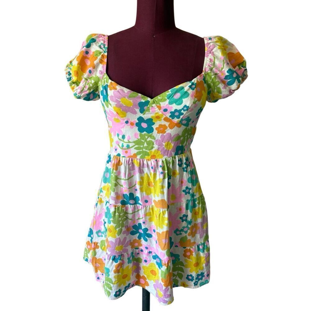Show Me Your Mumu Cathy Linen Floral Mini Dress Size Small Short Sleeve Open Bac - Picture 5 of 12